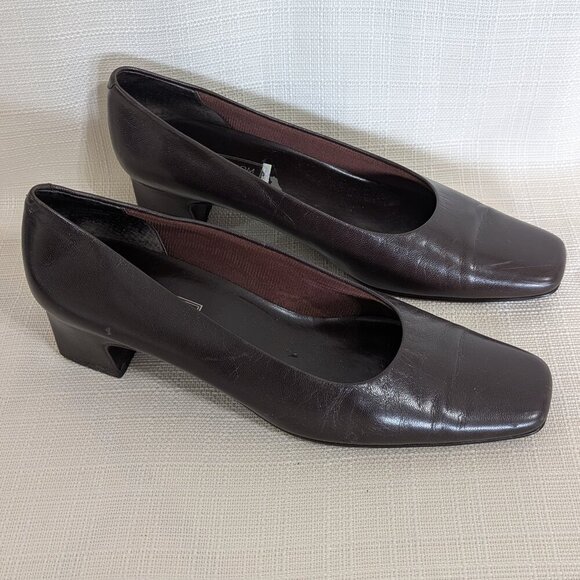Nordstrom Leather Square Toe Pumps Dark Brown Size 7 Block Heel Vintage - Picture 1 of 7